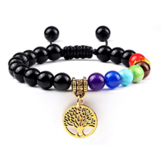 Chakra bracelet Tree of Life + Obsidian, natural stone, hand knitted, adjustable size, 8 mm ball, rescue stone