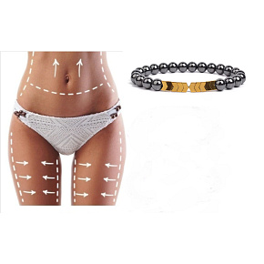 Magnetic slimming bracelet gold color elastic natural stone, ball 6 mm / 16 - 17 cm