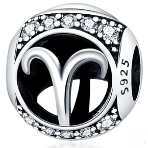 Aries, zodiac sign, silver + zirconia bracelet pendant, ball 9 mm 1 piece