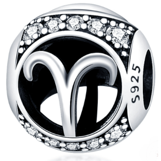 Aries, zodiac sign, silver + zirconia bracelet pendant, ball 9 mm 1 piece