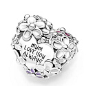 Charm Sterling silver 925 Heart with daisies for mom, bead on bracelet family