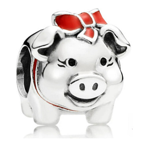 Charm Sterling silver 925 Piglet with bow, bead on bracelet animal Charm Sterling silver 925 Piglet with bow, bead on bracelet animal