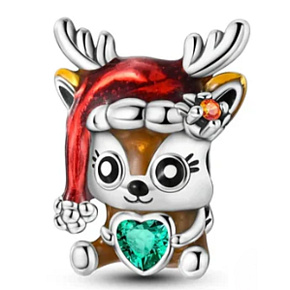 Charm Sterling Silver 925 Christmas Reindeer with Heart, Bead for Christmas Bracelet