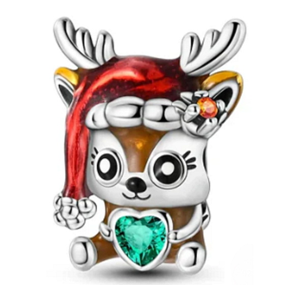 Charm Sterling Silver 925 Christmas Reindeer with Heart, Bead for Christmas Bracelet