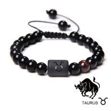 Onyx Taurus zodiac sign, natural stone bracelet, 8mm ball/ adjustable size, life force stone