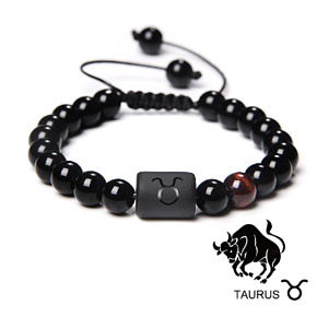 Onyx Taurus zodiac sign, natural stone bracelet, 8mm ball/ adjustable size, life force stone