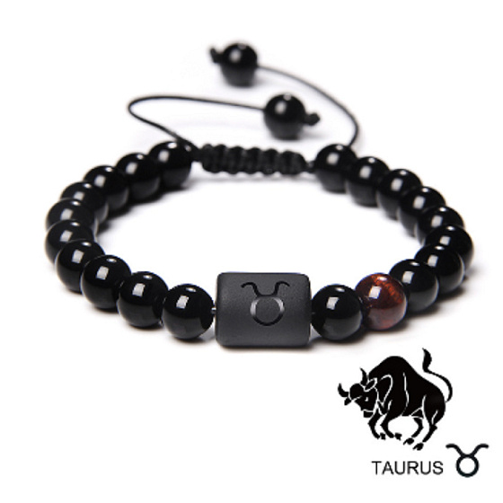 Onyx Taurus zodiac sign, natural stone bracelet, 8mm ball/ adjustable size, life force stone