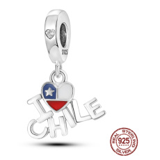 Charm Sterling Silver 925 Chilean Flag Heart - I Love Chile, 2-in-1 Travel Bracelet Pendant