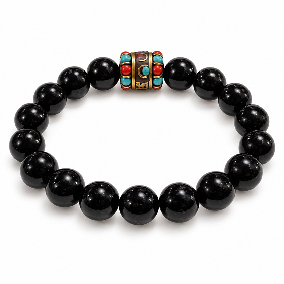 Obsidiánový náramek elastický s korálkem v tibetském stylu, přírodní kámen, kulička 10 mm / 16–17 cm | Talisman ochrany a vnitřní síly