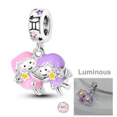 Sterling Silver 925 Luminous - Zodiac Sign Gemini, Bracelet Pendant