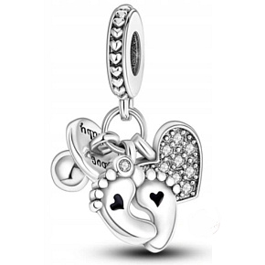 Charm Sterling silver 925 My baby 3in1 heart, footprint, pacifier, pendant for bracelet family