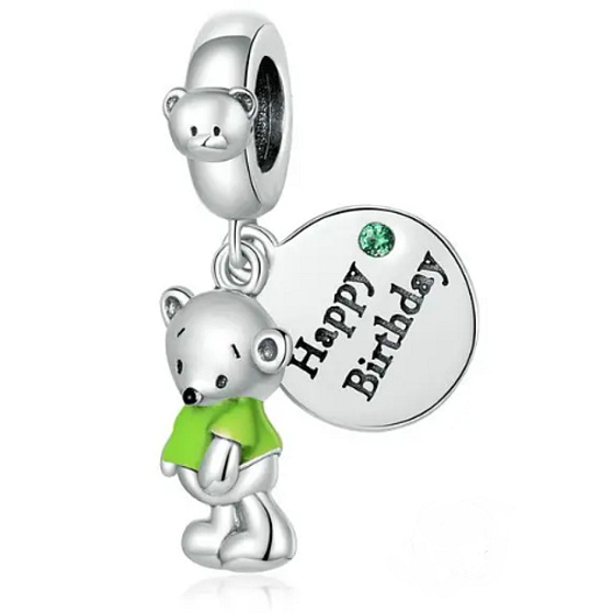 Charm Sterling Silver 925 Happy Birthday Teddy Bear 2in1, Birthday Bracelet Pendant