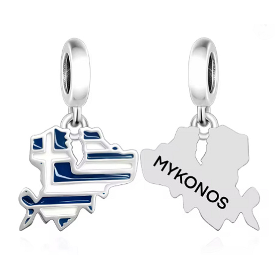 Charm Mykonos vlajka – mapa a vzpomínka na ostrov svobody | Přívěsek na náramek cestování