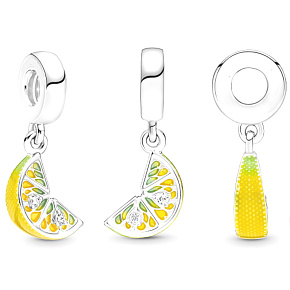 Sterling silver 925 Glittering lemon slices, pendant for bracelet, food and drink