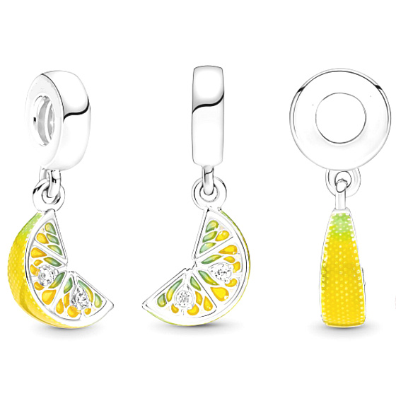 Sterling silver 925 Glittering lemon slices, pendant for bracelet, food and drink
