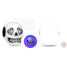 Charm Sterlingové stříbro 925 Třpytivá lebka,  zářící ve tmě modře, luminozní korálek na náramek Halloween