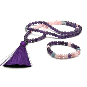 108 Mala Amethyst + Rosemary necklace meditation jewelry, natural stone + bracelet natural stone, ball 8 mm