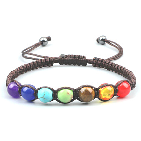 7 chakras healing bead bracelet handmade knitted, brown, balancing beads