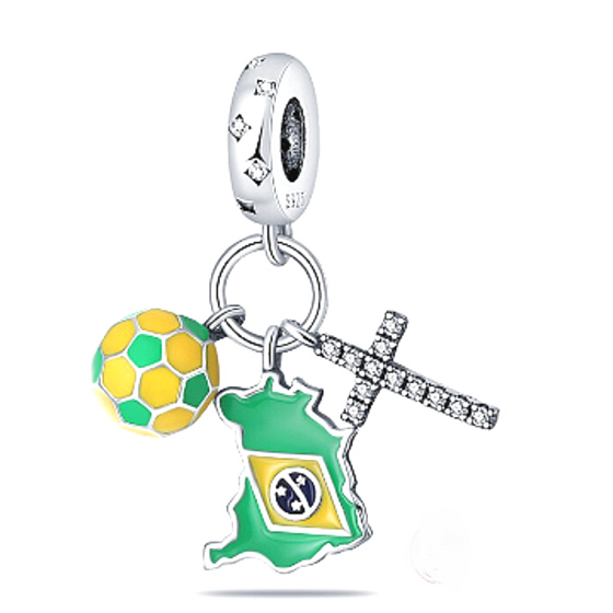 Charm Sterling Silver 925 Brazil Flag - Swinging Map, Soccer, 3-in-1 Travel Bracelet Pendant