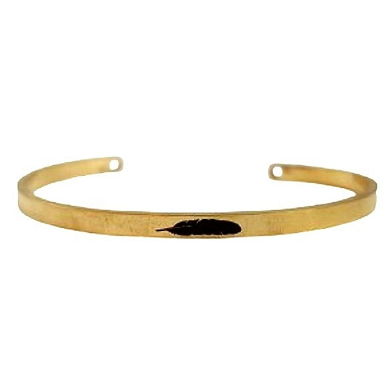 Stainless steel bracelet gold with Feather engraving, open cuff, 4 mm