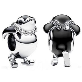 Charm Sterling silver 925 Penguin on skis, bead on bracelet animal