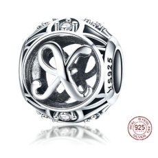 Sterling silver 925 Magic alphabet letter X + cubic zirconia, bead for bracelet