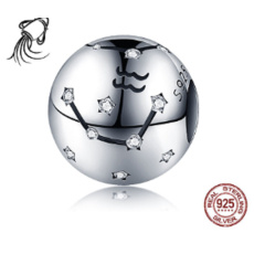 Aquarius sign of the zodiac, pendant for bracelet silver + cubic zirconia, ball 9 mm 1 piece