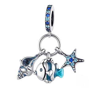Charm Sterling Silver 925 Fish, Shell, Starfish 3-in-1, Sea Bracelet Pendant