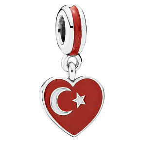 Charm Sterling Silver 925 Turkish Flag Heart - I Love Turkey, Travel Bracelet Pendant