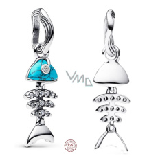 Charm Sterlingové stříbro 925 Mini medailon Tyrkysově zbarvený motiv rybí kosti, přívěsek na náramek zvíře Charm Sterlingové stříbro 925 Mini medailon Tyrkysově zbarvený motiv rybí kosti, přívěsek na náramek zvíře