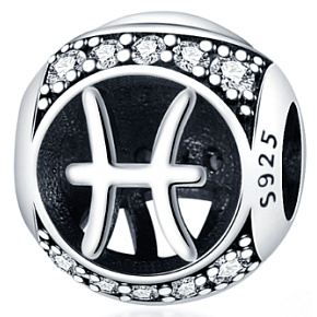 Pisces, zodiac sign, silver + zirconia bracelet pendant, ball 9 mm 1 piece