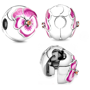 Charm Sterling silver 925 Pansy pink, stopper, clip bead for bracelet nature
