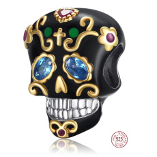 Charm Sterling Silver 925 Skull Black and Gold Cross, Bead for Bracelet Halloween