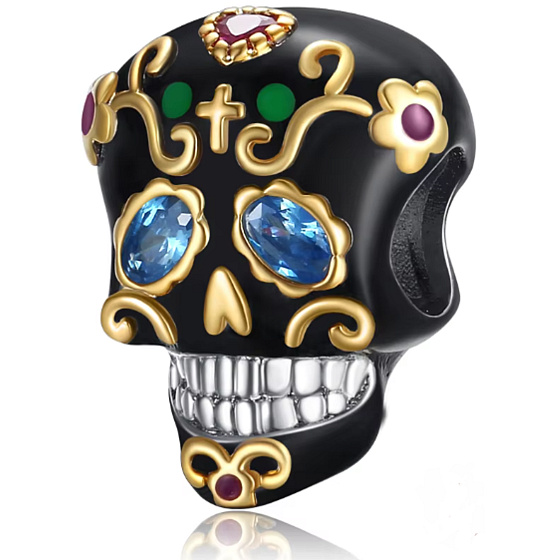 Charm Sterling Silver 925 Skull Black and Gold Cross, Bead for Bracelet Halloween