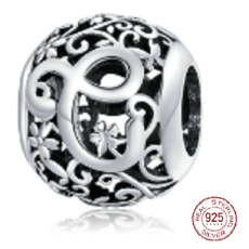 Sterling silver 925 Magic alphabet letter C with flowers, bead for bracelet