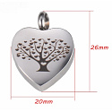Commemorative urn pendant, Heart, tree of life waterproof, stainless steel 20 x 26 mm