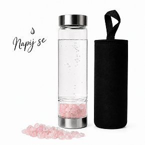 Skleněná láhev na vodu Napij se lásky – Růženín pro lásku, něhu a harmonii | s vyměnitelnou minerální směsí | 500 ml
