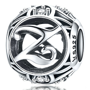 Sterling silver 925 Magic alphabet letter Z + cubic zirconia, bead for bracelet