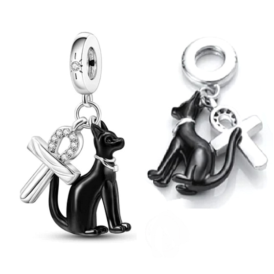 Charm Sterling silver 925 Black Egyptian cat and ankh charm, pendant on bracelet symbol